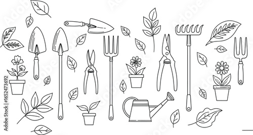 Seamless pattern of gardening tools and plants, featuring flowers, leaves, pots, watering cans, spades, forks, rakes
