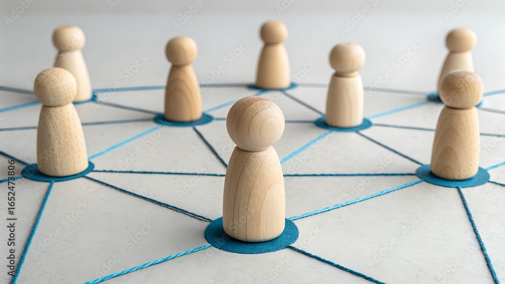 Obraz premium Teamwork and Network Concept – Wooden Peg Figures Connected by Blue Lines, Collaboration, Social Structure, Interpersonal Communication