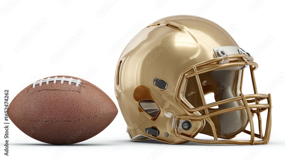 Naklejka premium Golden Football Helmet And Brown Ball
