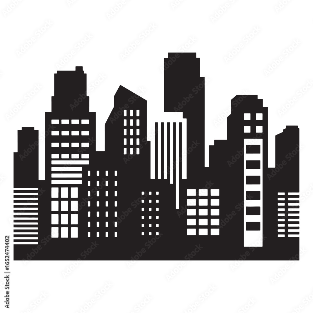 Naklejka premium Black and White Vector Silhouette of Modern City Skyline