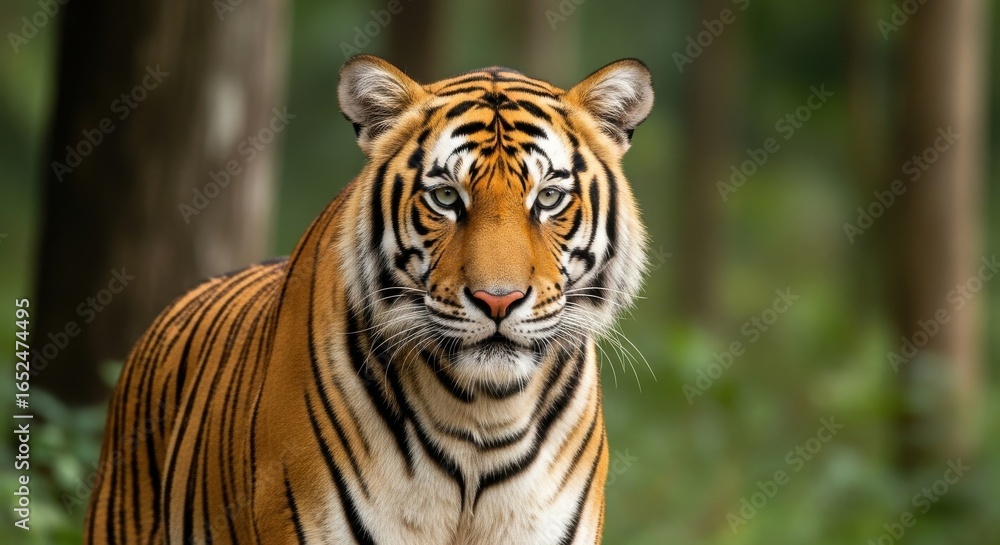 Fototapeta premium Enigmatic gaze of a Bengal tiger within the lush forest setting