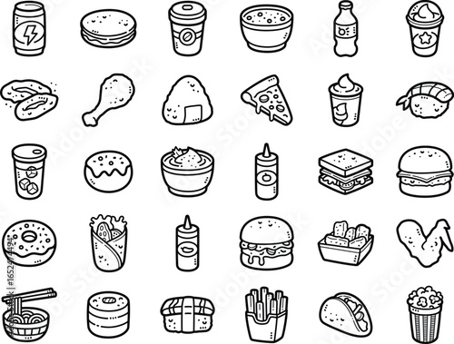 Fast food hand-drawn doodle art illustrations and elements - such as burger, french fries, pizza and donut.