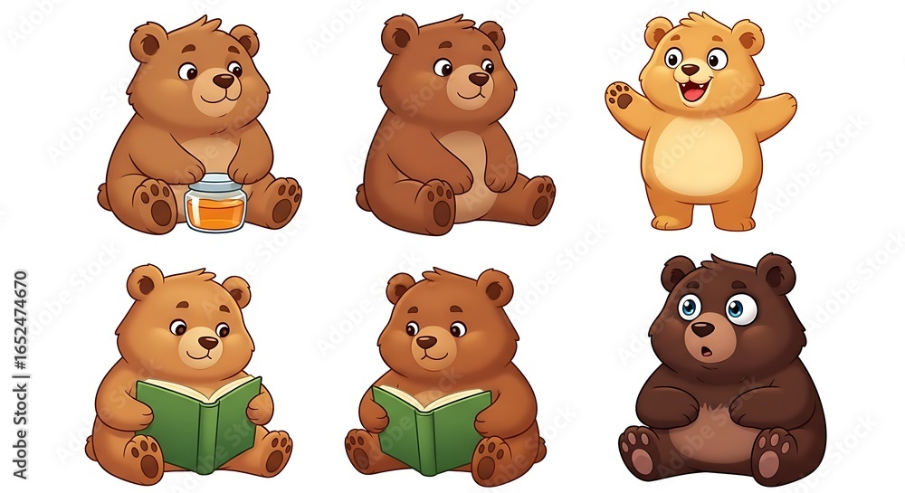 Fototapeta premium Adorable Cartoon Bears Collection: Reading, Playing, and Enjoying Honey