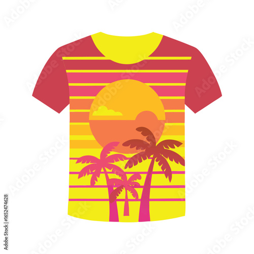 A trendy black t-shirt featuring a bold retro-style graphic with rainbow gradient stripes, palm trees, flying birds, and the word "DESIGN." Perfect for casual wear, summer outfits, and fashion lovers 