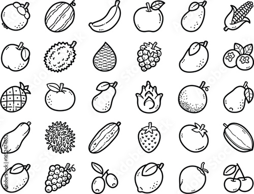 Fruits hand-drawn doodle art illustrations and elements - such as watermelon, lemon, cucumber and pineapple.
