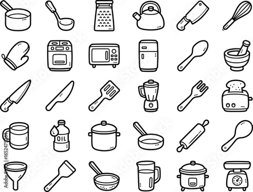 Kitchen and cooking hand-drawn doodle art illustrations and elements - such as rice cooker, mug, gas stove and kitchen scale.