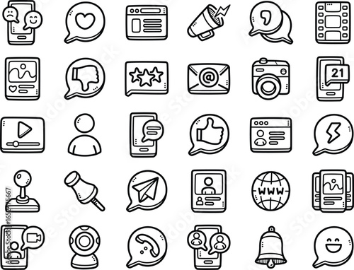 Social media hand-drawn doodle art illustrations and elements - such as announcement, email, reminder and messaging app.