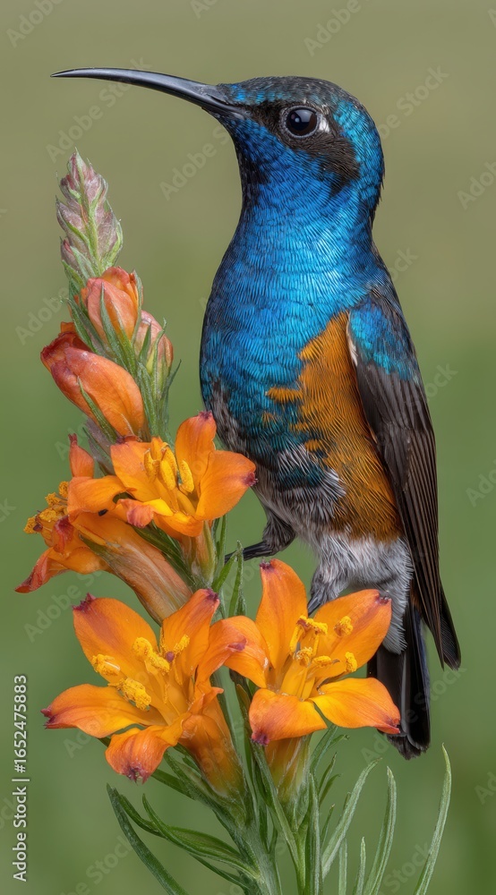 Fototapeta premium Sunbird perched on orange flower stem