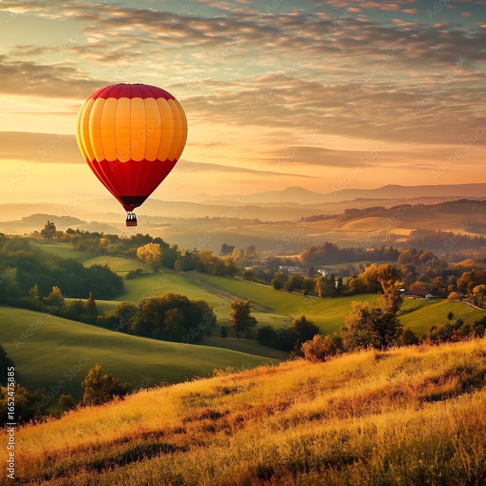 Fototapeta premium landscape hot air balloon flying over a scenic A