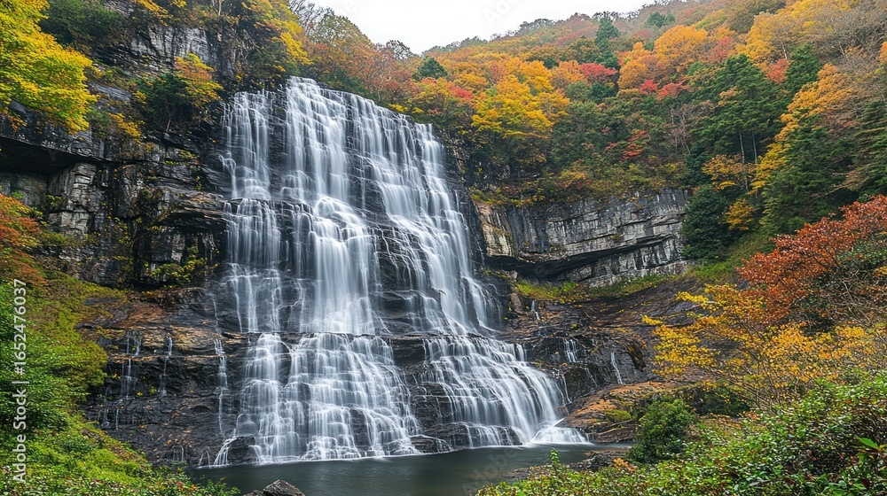 Fototapeta premium Majestic waterfall cascading into autumn foliage