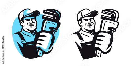 Plumber holding pipe wrench emblem. Plumbing works. Builder worker with working tool