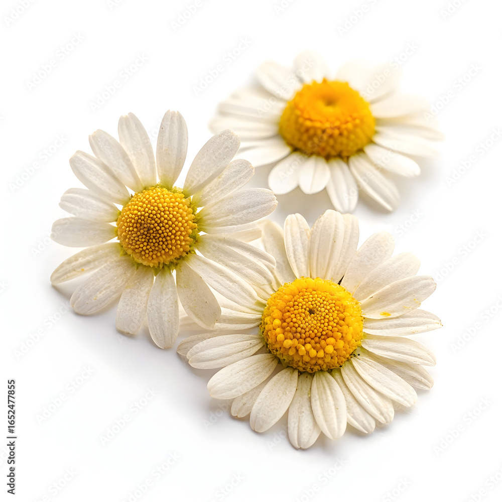 Fototapeta premium Dried chamomile flowers displayed on a clean white background, showcasing their delicate petals
