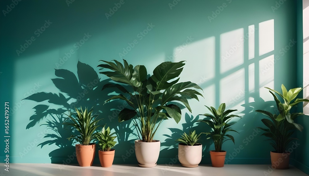 Fototapeta premium Potted plants in a bright room with striking shadows, creating a peaceful atmosphere.