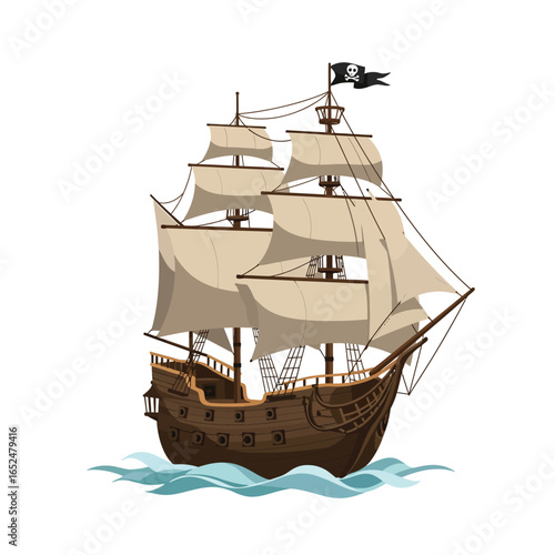 Illustration of a pirate ship sailing on the sea isolated on white background, a vintage vessel