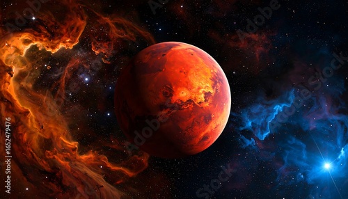 A vibrant depiction of the planet Mars, set against a backdrop of fiery nebulae and distant stars.