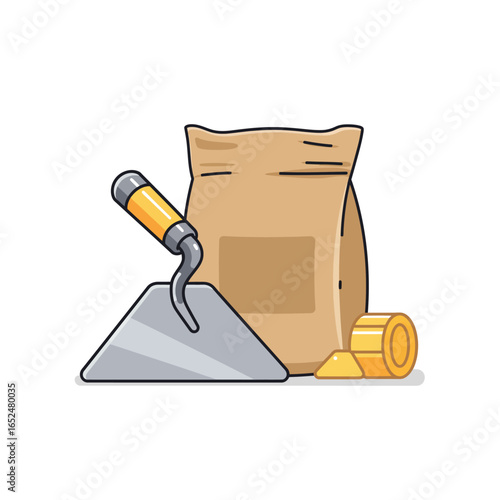 Flat vector illustration of a bag of cement and trowel isolated on white background