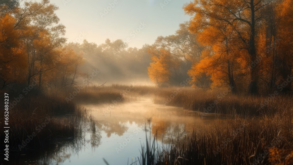 Fototapeta premium Autumnal Sunrise Mist Over a Tranquil River