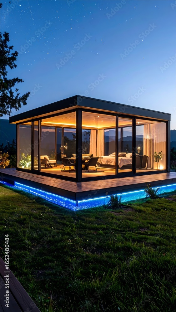 Fototapeta premium Modern glass pod structure with led lighting set within a natural landscape at dusk