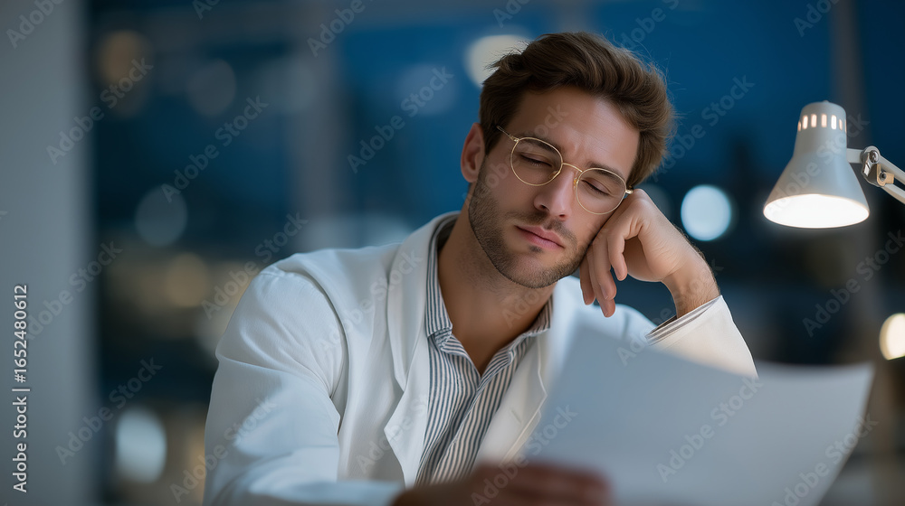 Obraz premium Exhausted Young Medical Resident Napping While Studying Patient Chart