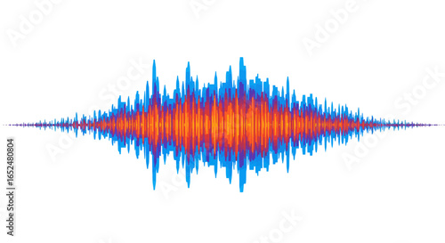 Visual depiction of audio waves growing larger and then tapering off on either side