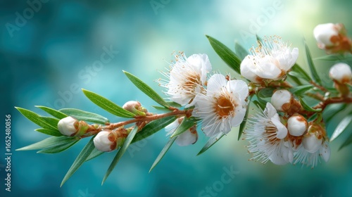 An elegant white flower blooms beautifully with green leaves, capturing the essence of spring's freshness, renewal, and the delicate balance of nature's artistry and beauty.