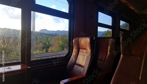 Train interior with mountain view