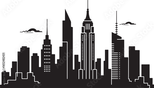 A stylized city skyline with famous skyscrapers and buildings in a black and white silhouette.