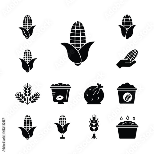 Collection of corn icons in glyph style isolated on white background for agricultural design use