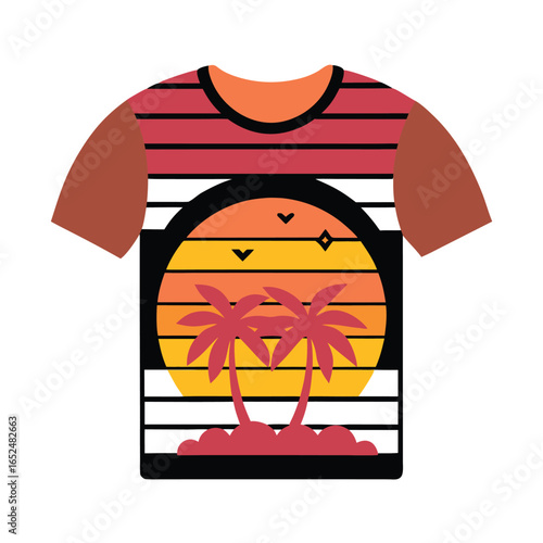 A trendy black t-shirt featuring a bold retro-style graphic with rainbow gradient stripes, palm trees, flying birds, and the word "DESIGN." Perfect for casual wear, summer outfits, and fashion lovers 