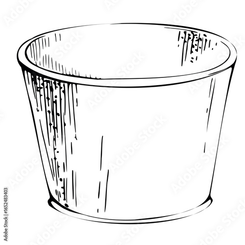 Empty recycled paper or plastic cup, disposable bowl, single use zero waste bucket. graphic illustration hand drawn in vector ink. Deli fast food snack container, flower cachepot, garden cleaning tool