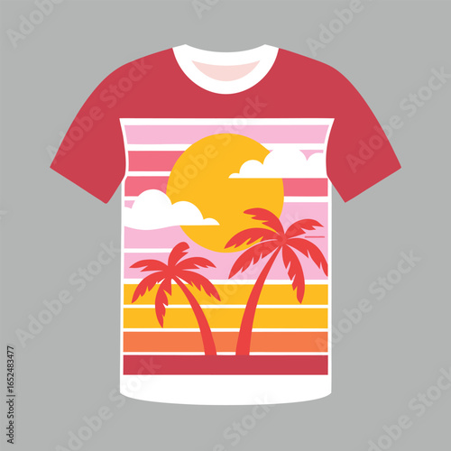 A trendy black t-shirt featuring a bold retro-style graphic with rainbow gradient stripes, palm trees, flying birds, and the word "DESIGN." Perfect for casual wear, summer outfits, and fashion lovers 