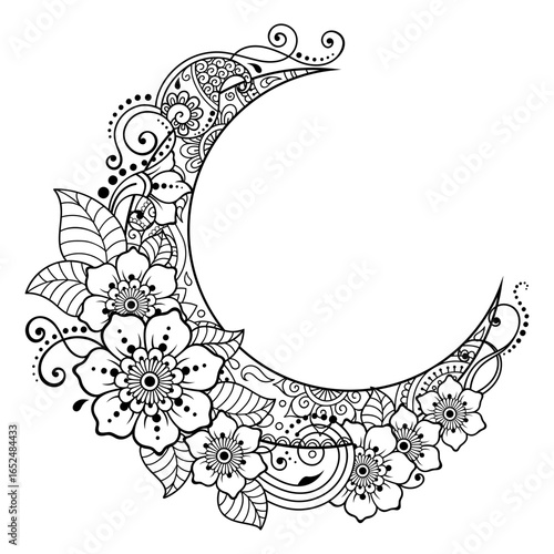 Crescent symbol with flower in mehndi style. Traditional Oriental symbols for decoration of room, greeting cards, prints on clothing, sports equipment, tattoos and henna.