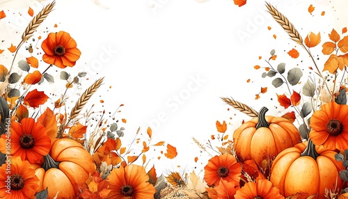 Fototapeta Naklejka Na Ścianę i Meble -  Autumn harvest pumpkins and orange flowers with wheat stalks fall squash