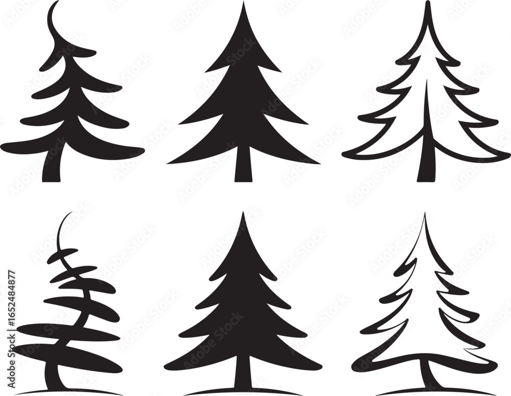 Obraz premiumA set of six stylized Christmas tree icons in various shapes and designs.