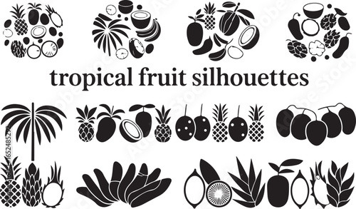 A collection of various tropical fruit silhouettes arranged in different layouts and shapes.