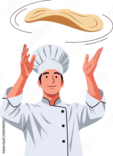 Skilled chef expertly tossing pizza dough with a flourish, capturing culinary artistry.