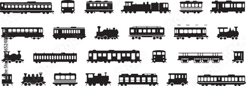 A comprehensive collection of various train and railway car silhouettes.