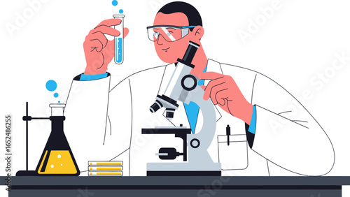 Scientist intently examines test tube near microscope in modern lab, discovering new breakthroughs