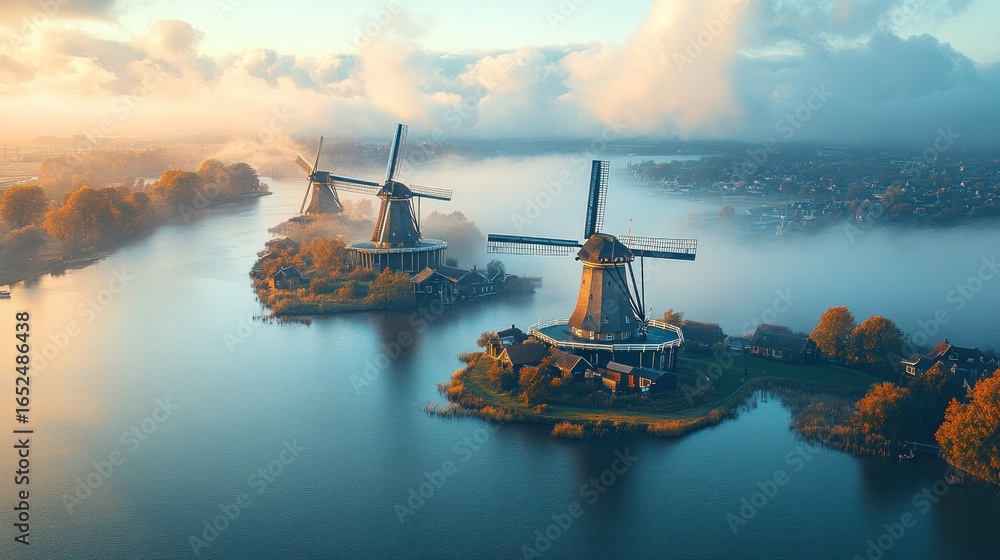 Obraz premium Misty morning view of Dutch windmills on islands