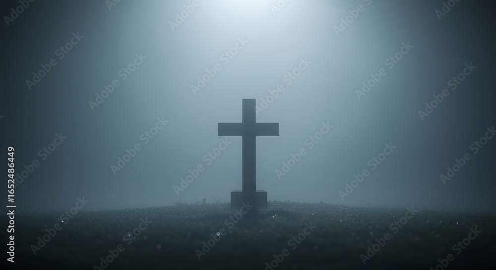 A solitary cross stands silhouetted against a misty, ethereal backdrop, bathed in light. A solitary cross stands silhouetted against a misty, ethereal backdrop, bathed in light.