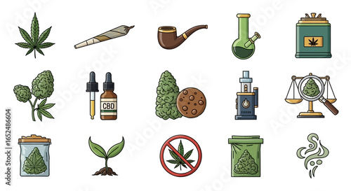 Vector Icons Set of A Visual Guide to Cannabis Colorful Cartoon Icons of Marijuana Products and Culture. Vector Illustrations. EPS Editable