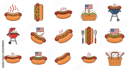Vector Icons Set of American Summer BBQ Icon Set Hot Dogs Grills and Patriotic Picnic Elements. Vector Illustrations. EPS Editable