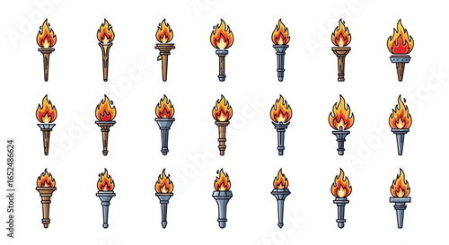 Vector Icons Set of Ancient and Modern Flaming Torches A Colorful Cartoon Icon Collection. Vector Illustrations. EPS Editable