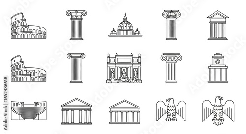 Vector Icons Set of Ancient Rome and Italian Landmarks A Minimalist Black Line Art Icon Set. Vector Illustrations. EPS Editable