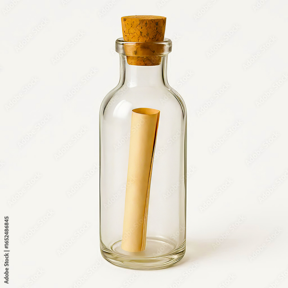 Fototapeta premium Message in a Bottle Isolated Object - Glass Cork & Note Secrecy