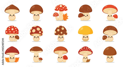 Vector Icons Set of Charming Collection of Cute Kawaii Mushroom Characters with Smiling Faces and Autumn Leaves. Vector Illustrations. EPS Editable