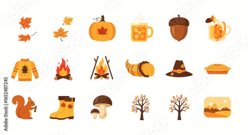 Vector Icons Set of Charming Flat Icon Collection Celebrating Cozy Autumn Traditions. Vector Illustrations. EPS Editable