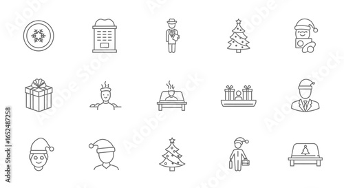 Vector Icons Set of Christmas Icons Santa Tree Gifts and Winter Scenes in a Minimalist Line Art Style. Vector Illustrations. EPS Editable