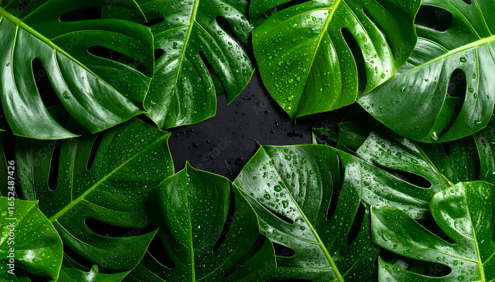 Fototapeta premium Fresh, vibrant monstera leaves arranged on a dark surface, showcasing intricate patterns and water droplets.