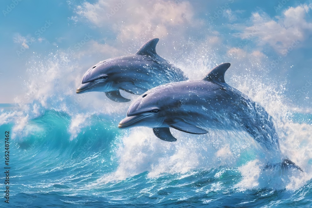 Naklejka premium dolphins leap over waves under blue sky